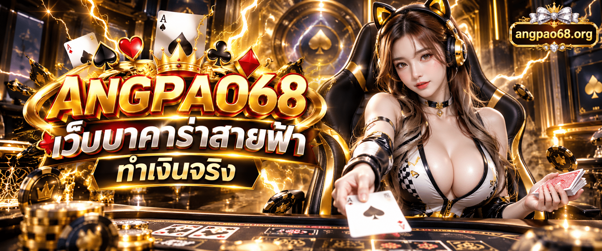 ดีลเลอร์สาวสวยแจกไพ่ในสตูดิโอ ANGPAO68 เว็บบาคาร่าสายฟ้าทำเงินจริง มีเอฟเฟกต์สายฟ้าผ่าสีทอง